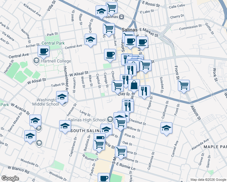 map of restaurants, bars, coffee shops, grocery stores, and more near 134 Clay Street in Salinas