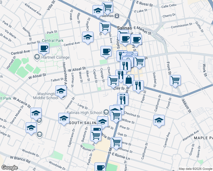 map of restaurants, bars, coffee shops, grocery stores, and more near 134 Clay Street in Salinas