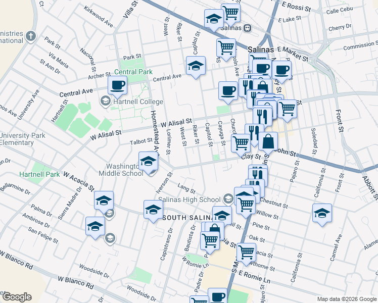 map of restaurants, bars, coffee shops, grocery stores, and more near 410 West Street in Salinas