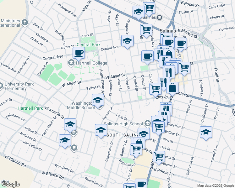 map of restaurants, bars, coffee shops, grocery stores, and more near 410 West Street in Salinas