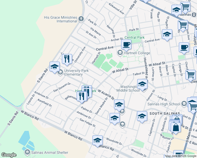 map of restaurants, bars, coffee shops, grocery stores, and more near 717 Fairfax Drive in Salinas