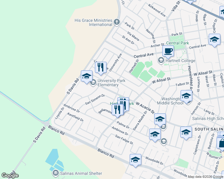 map of restaurants, bars, coffee shops, grocery stores, and more near 764 West Acacia Street in Salinas