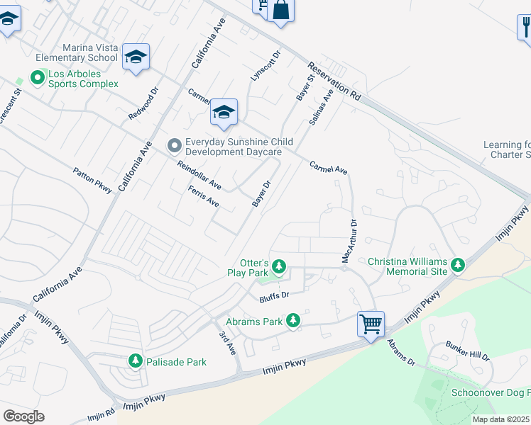 map of restaurants, bars, coffee shops, grocery stores, and more near 3073 Arroyo Drive in Marina