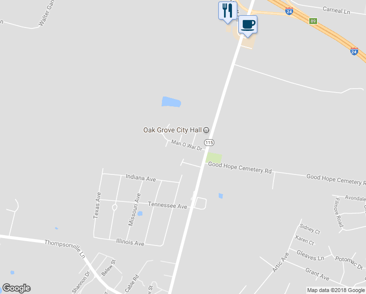 map of restaurants, bars, coffee shops, grocery stores, and more near 145 Man O War Drive in Oak Grove