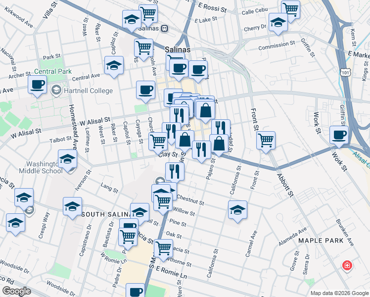 map of restaurants, bars, coffee shops, grocery stores, and more near 430 South Main Street in Salinas