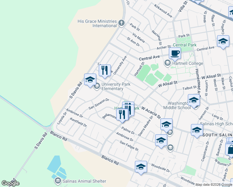 map of restaurants, bars, coffee shops, grocery stores, and more near 764 West Acacia Street in Salinas
