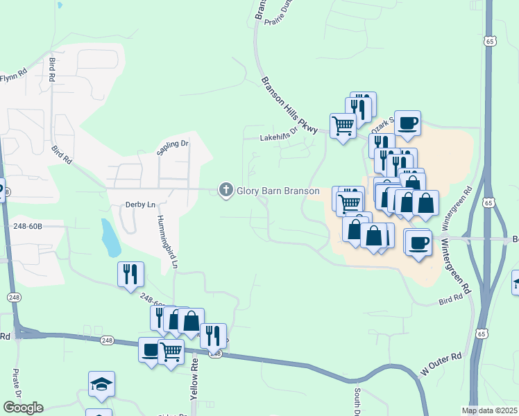 map of restaurants, bars, coffee shops, grocery stores, and more near 1103 Bird Road in Branson