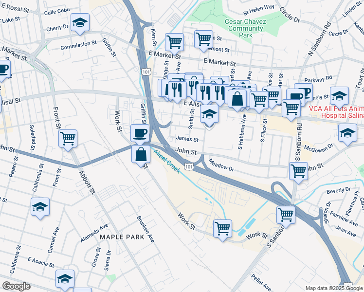 map of restaurants, bars, coffee shops, grocery stores, and more near 543 John Street in Salinas