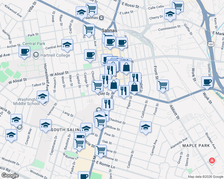 map of restaurants, bars, coffee shops, grocery stores, and more near 430 South Main Street in Salinas