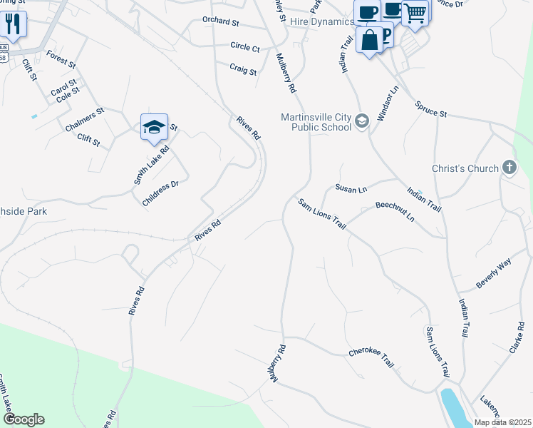 map of restaurants, bars, coffee shops, grocery stores, and more near 1004 Sheraton Court in Martinsville