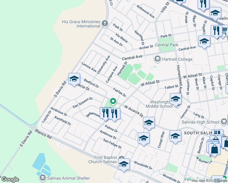 map of restaurants, bars, coffee shops, grocery stores, and more near 743 Fairfax Drive in Salinas