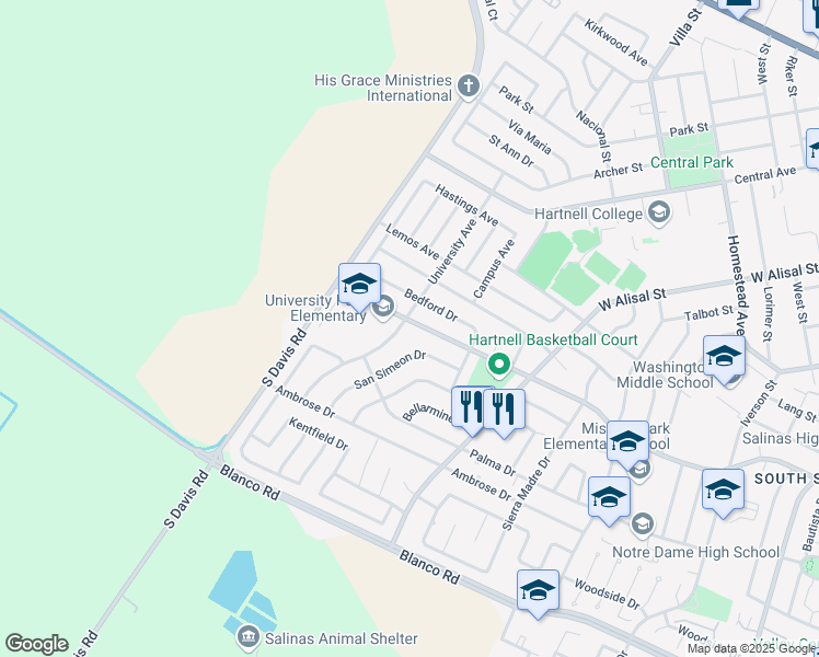 map of restaurants, bars, coffee shops, grocery stores, and more near 786 San Simeon Drive in Salinas