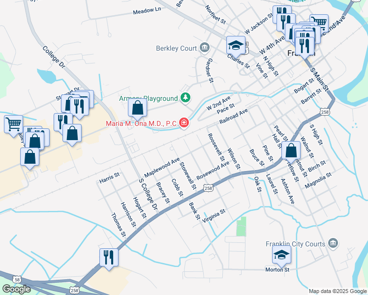map of restaurants, bars, coffee shops, grocery stores, and more near 206 Washington Street in Franklin