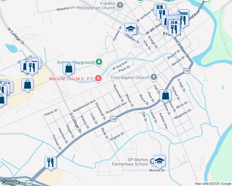 map of restaurants, bars, coffee shops, grocery stores, and more near 313 Madison Street in Franklin