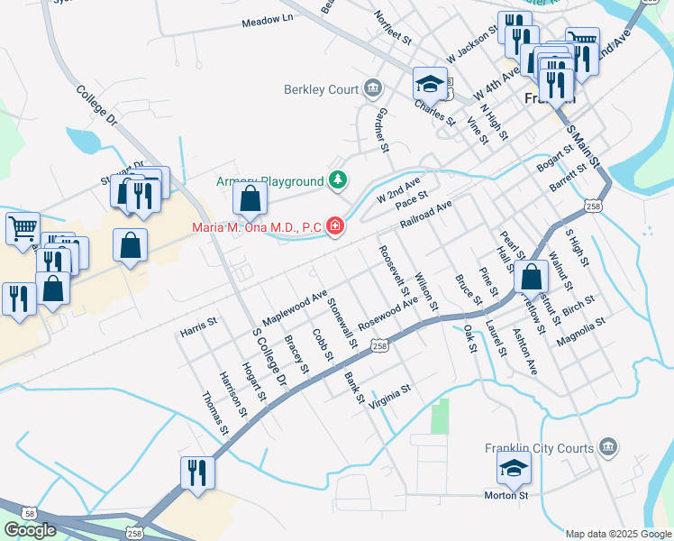 map of restaurants, bars, coffee shops, grocery stores, and more near 206 Washington Street in Franklin