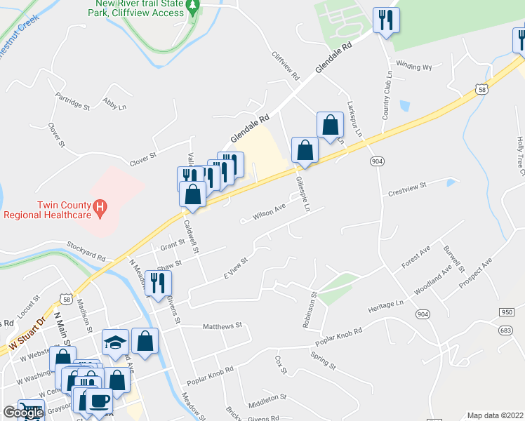 map of restaurants, bars, coffee shops, grocery stores, and more near 128 Wilson Avenue in Galax