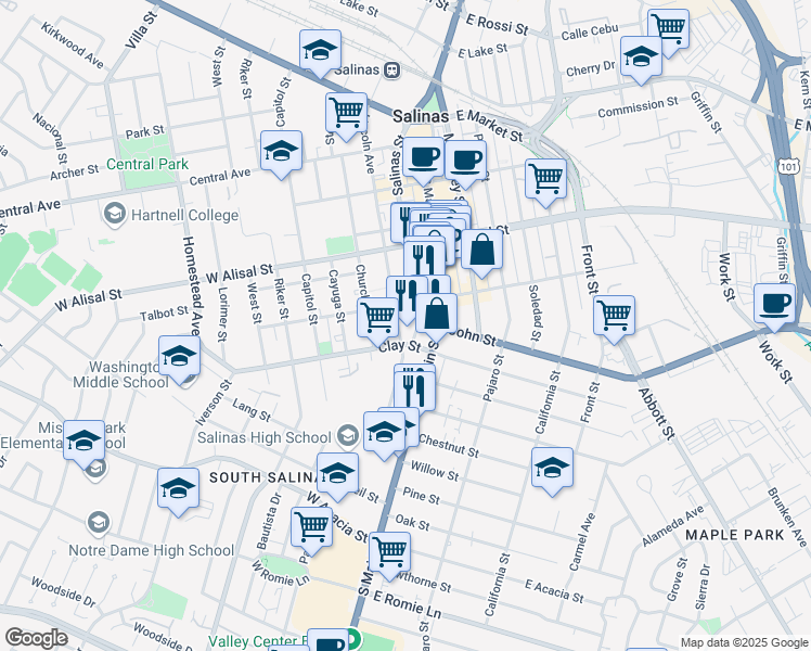 map of restaurants, bars, coffee shops, grocery stores, and more near 99 South Main Street in Salinas