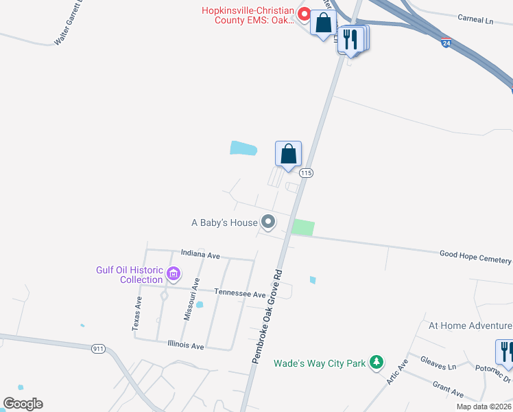 map of restaurants, bars, coffee shops, grocery stores, and more near 136 Man O War Drive in Oak Grove