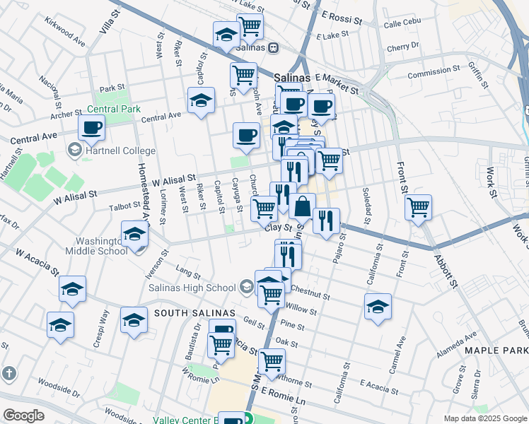 map of restaurants, bars, coffee shops, grocery stores, and more near 134 Clay Street in Salinas