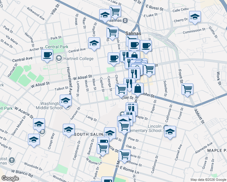 map of restaurants, bars, coffee shops, grocery stores, and more near 425 Clay Street in Salinas