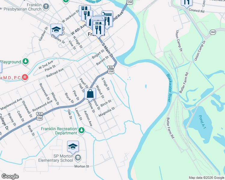 map of restaurants, bars, coffee shops, grocery stores, and more near 178 Broad Street in Franklin