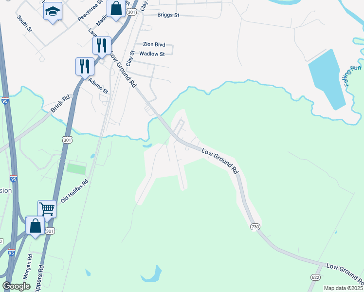 map of restaurants, bars, coffee shops, grocery stores, and more near 489 Low Ground Road in Emporia