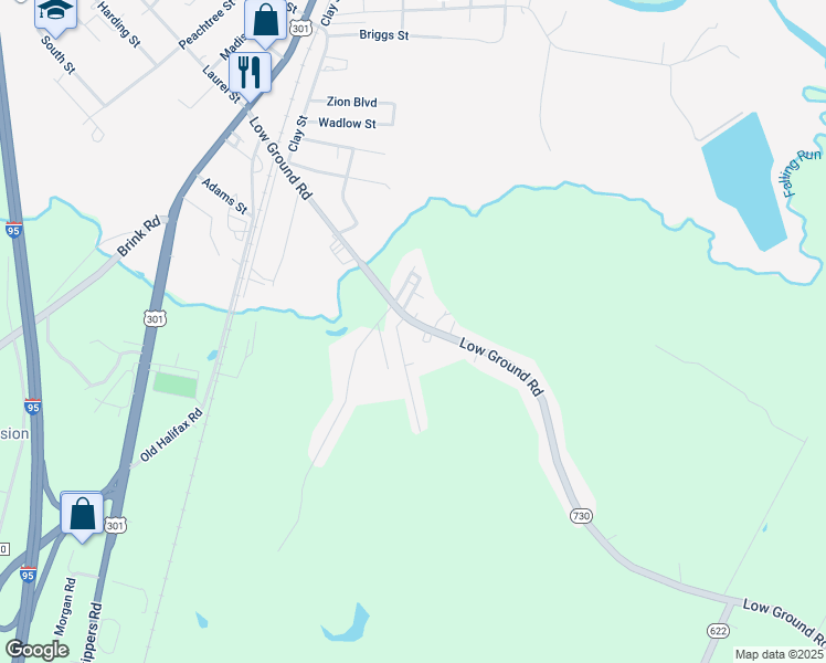 map of restaurants, bars, coffee shops, grocery stores, and more near 489 Low Ground Road in Emporia