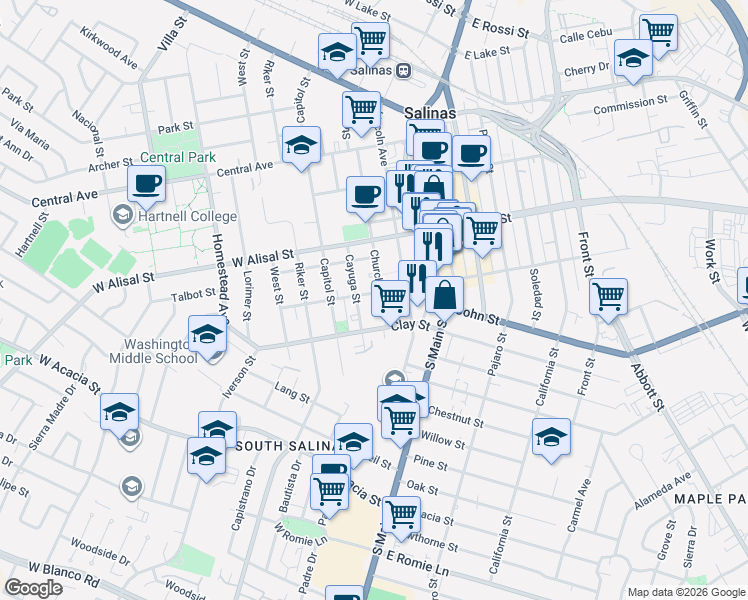 map of restaurants, bars, coffee shops, grocery stores, and more near 350 Lincoln Avenue in Salinas