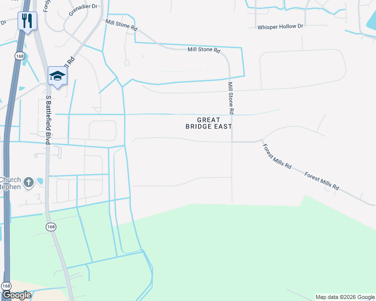 map of restaurants, bars, coffee shops, grocery stores, and more near 521 Fordsmere Road in Chesapeake