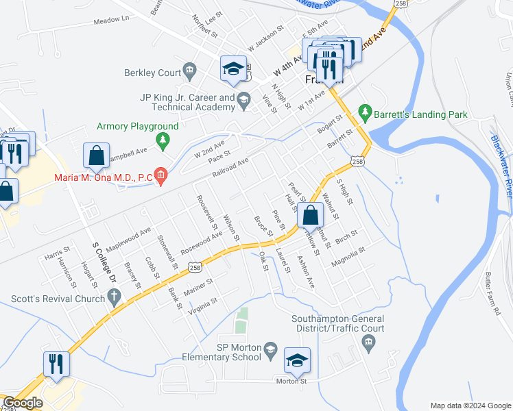 map of restaurants, bars, coffee shops, grocery stores, and more near 338 Bruce Street in Franklin