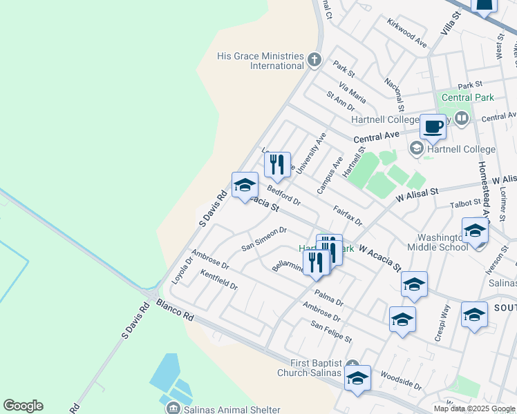 map of restaurants, bars, coffee shops, grocery stores, and more near 833 West Acacia Street in Salinas