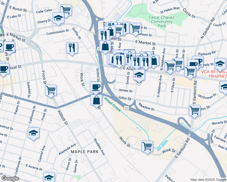 map of restaurants, bars, coffee shops, grocery stores, and more near 75 South Madeira Avenue in Salinas