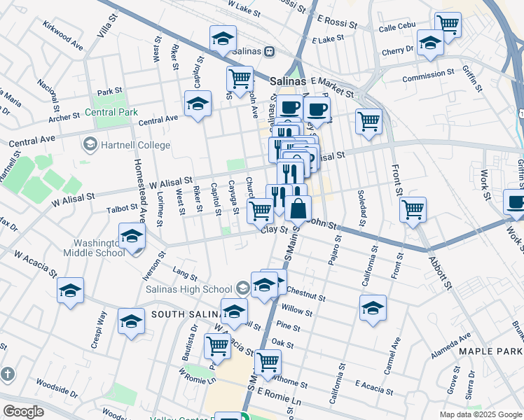 map of restaurants, bars, coffee shops, grocery stores, and more near 350 Lincoln Avenue in Salinas