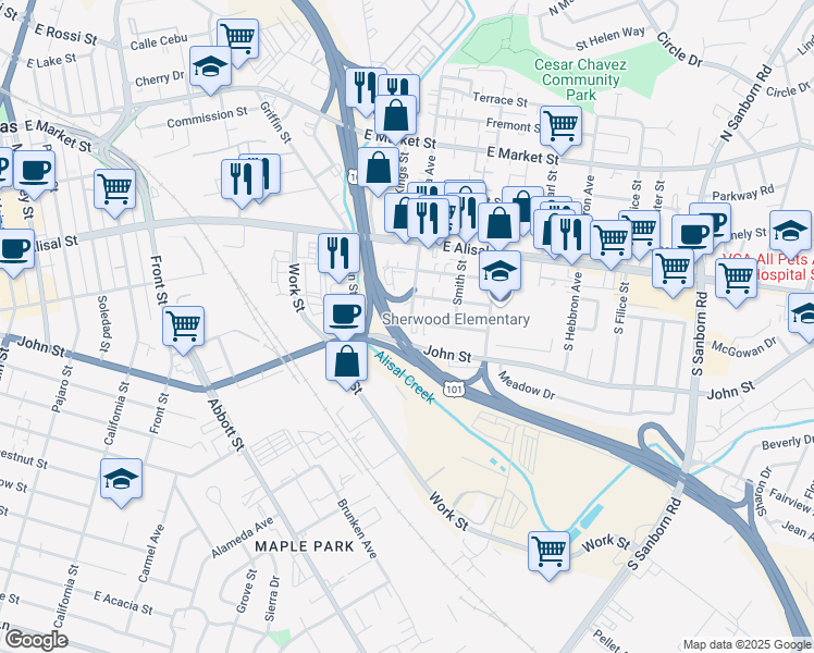 map of restaurants, bars, coffee shops, grocery stores, and more near 75 South Madeira Avenue in Salinas