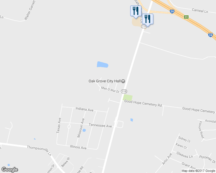 map of restaurants, bars, coffee shops, grocery stores, and more near 8642 Swale Court in Oak Grove