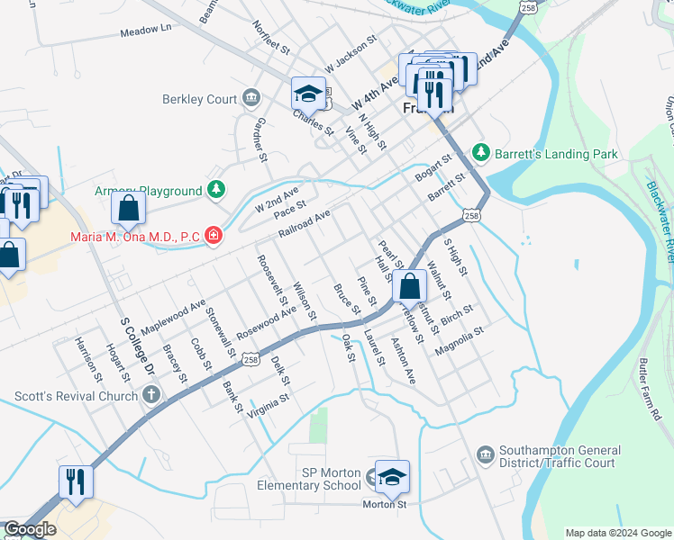 map of restaurants, bars, coffee shops, grocery stores, and more near 330 Bruce Street in Franklin