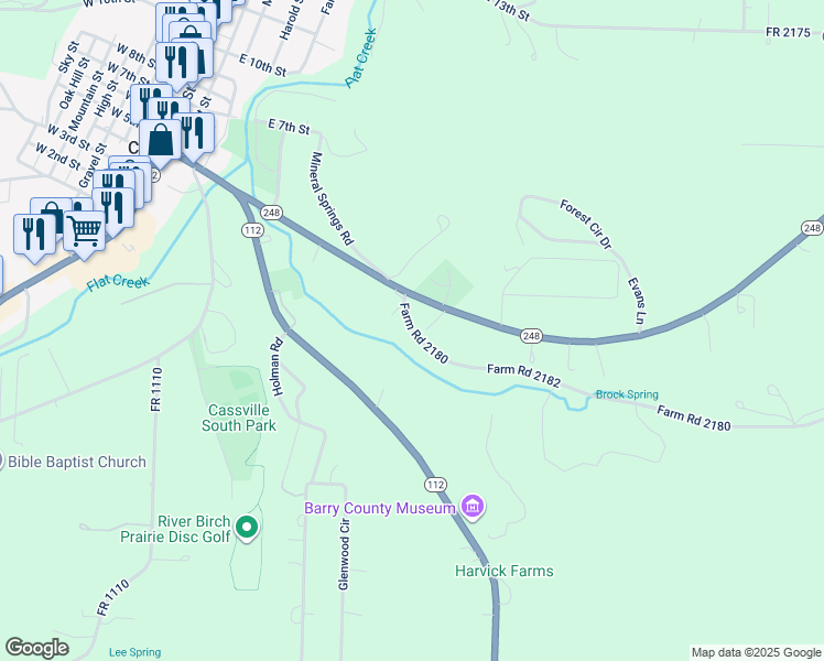 map of restaurants, bars, coffee shops, grocery stores, and more near 501 Farm Road 2182 in Cassville