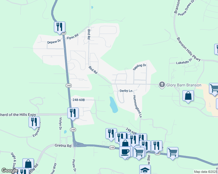 map of restaurants, bars, coffee shops, grocery stores, and more near 1722 Bird Road in Branson