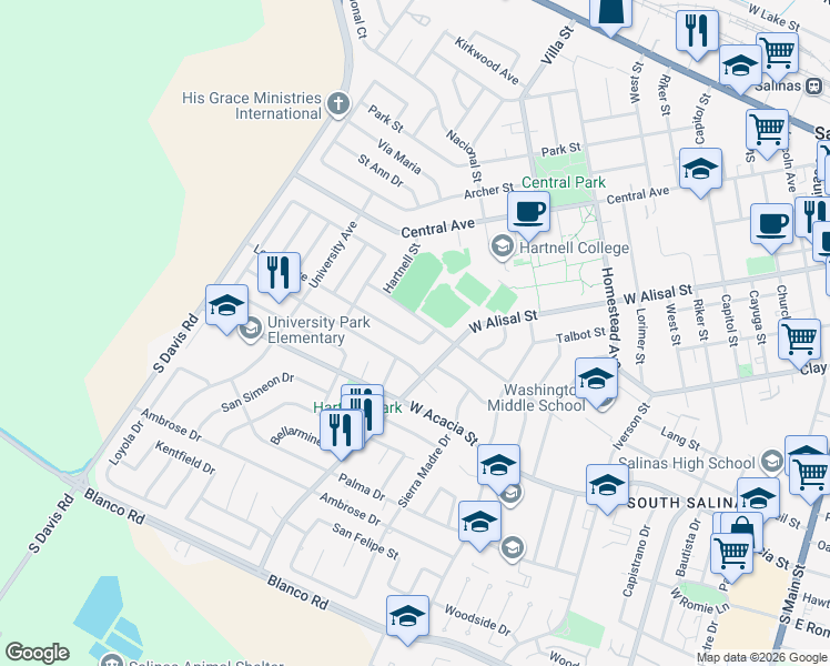 map of restaurants, bars, coffee shops, grocery stores, and more near 730 Lemos Avenue in Salinas