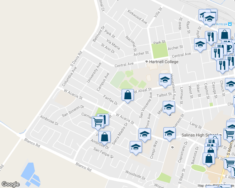 map of restaurants, bars, coffee shops, grocery stores, and more near 730 Lemos Avenue in Salinas