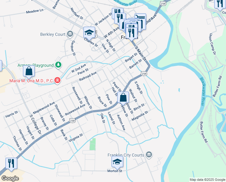 map of restaurants, bars, coffee shops, grocery stores, and more near 407 Hall Street in Franklin