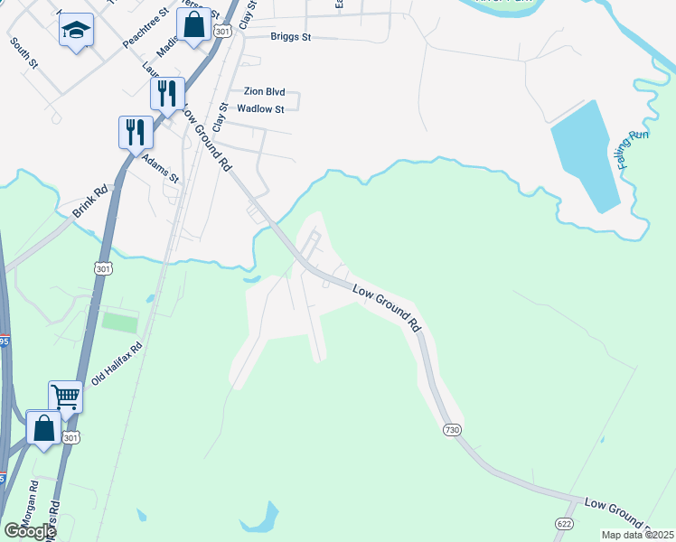 map of restaurants, bars, coffee shops, grocery stores, and more near 540-580 Low Ground Road in Emporia