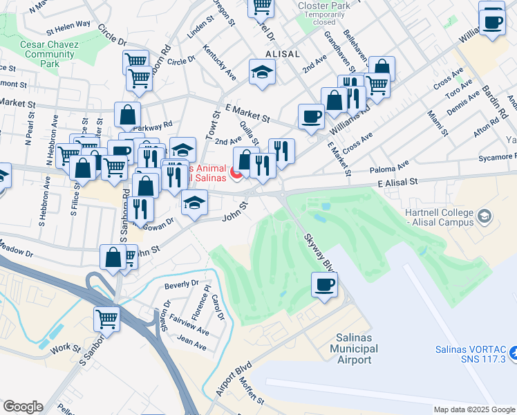 map of restaurants, bars, coffee shops, grocery stores, and more near 1327 East Alisal Street in Salinas
