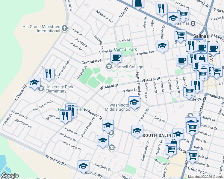 map of restaurants, bars, coffee shops, grocery stores, and more near 505 West Alisal Street in Salinas