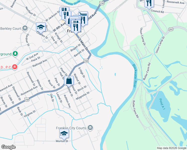 map of restaurants, bars, coffee shops, grocery stores, and more near 151 Broad Street in Franklin
