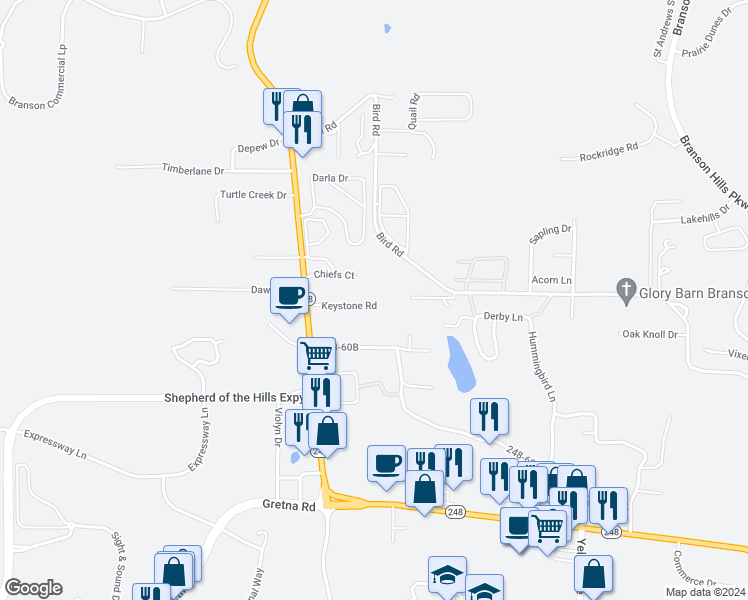 map of restaurants, bars, coffee shops, grocery stores, and more near 261 Keystone Road in Branson