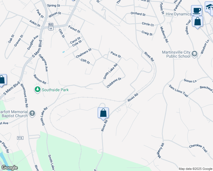 map of restaurants, bars, coffee shops, grocery stores, and more near 922 Childress Drive in Martinsville