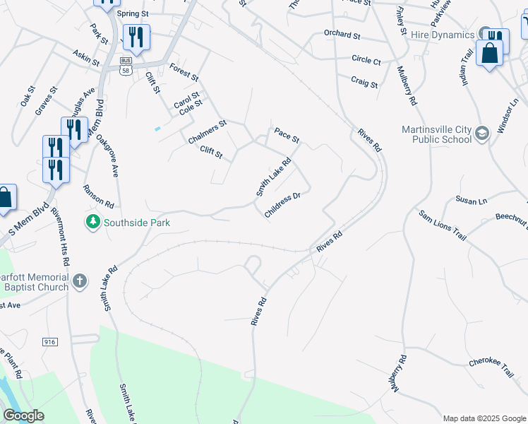 map of restaurants, bars, coffee shops, grocery stores, and more near 922 Childress Drive in Martinsville