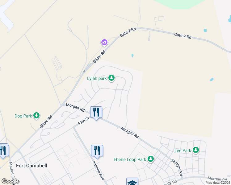 map of restaurants, bars, coffee shops, grocery stores, and more near 4657 Litwin Street in Fort Campbell