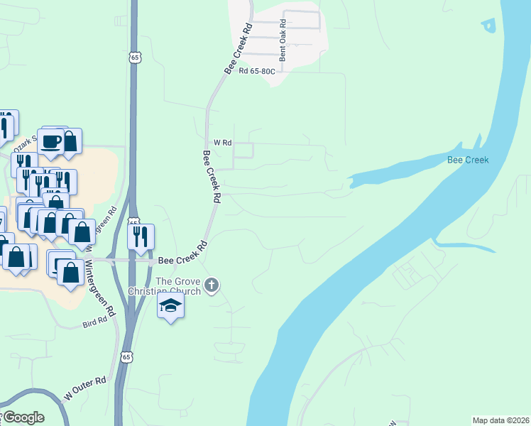 map of restaurants, bars, coffee shops, grocery stores, and more near 223 Cozy Lane in Branson